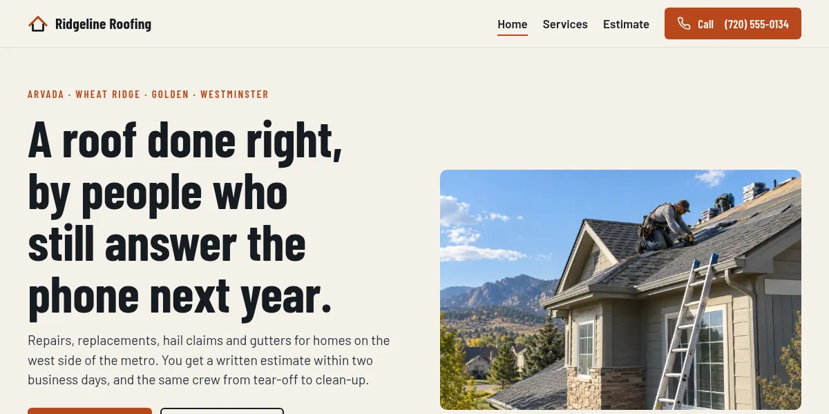 Roofing contractor website concept build: Ridgeline Roofing