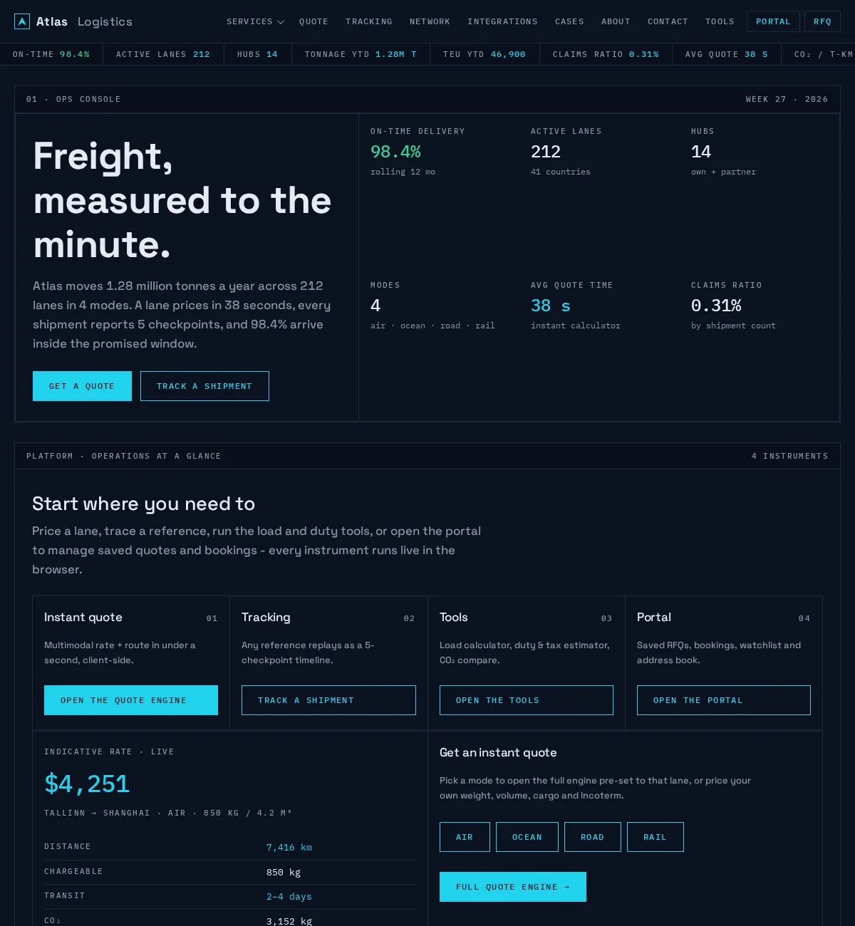 B2B logistics website concept build: the Atlas Logistics homepage