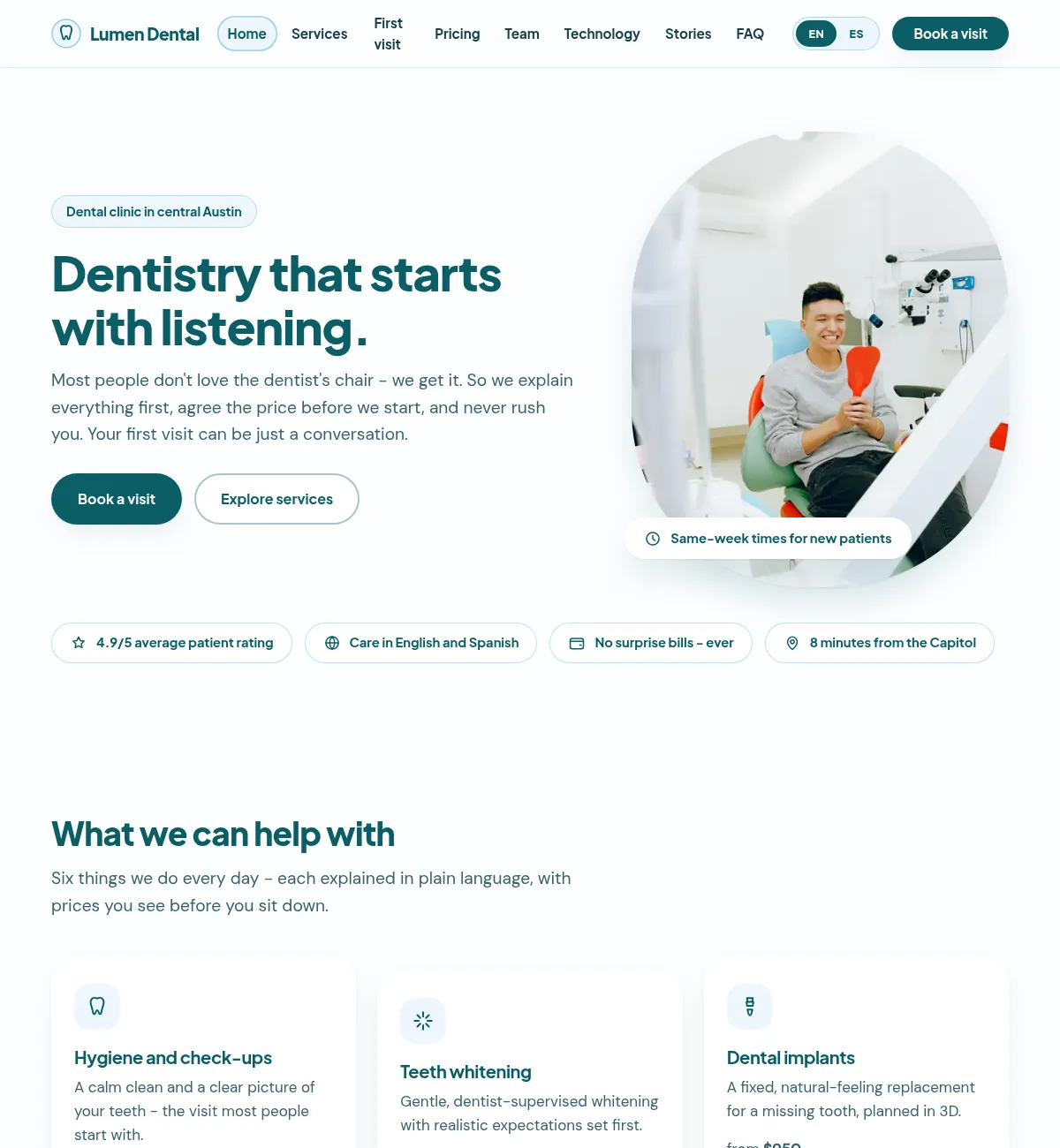 Dental clinic website concept build: the Lumen Dental homepage