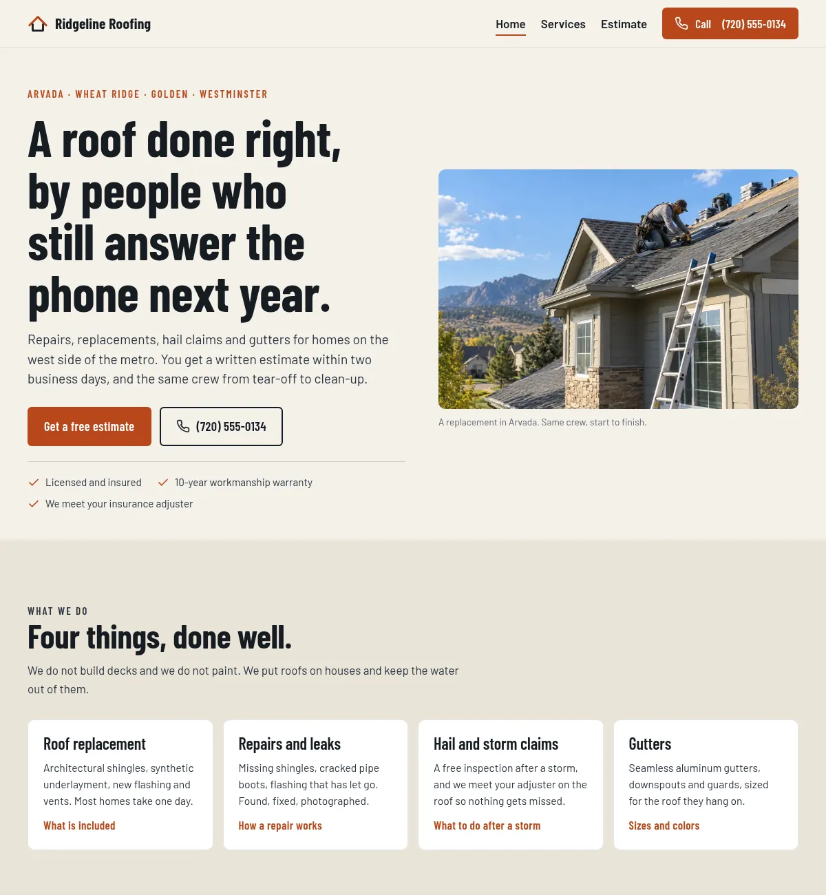 Roofing contractor website concept build: the Ridgeline Roofing homepage