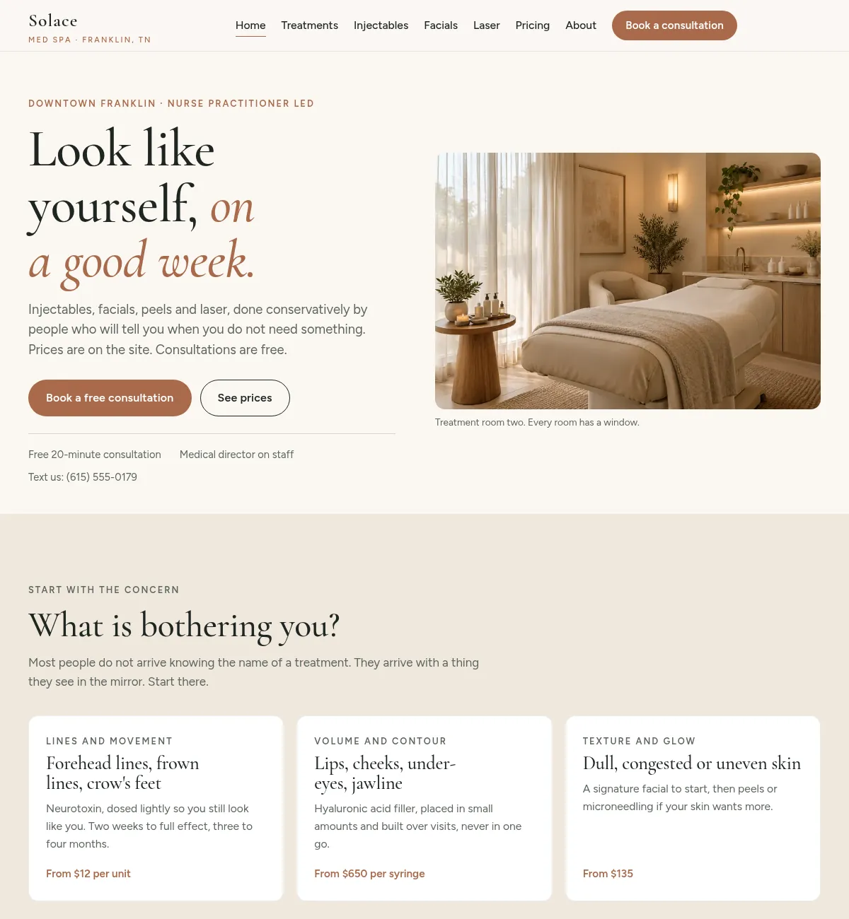 Med spa website concept build: the Solace Med Spa homepage