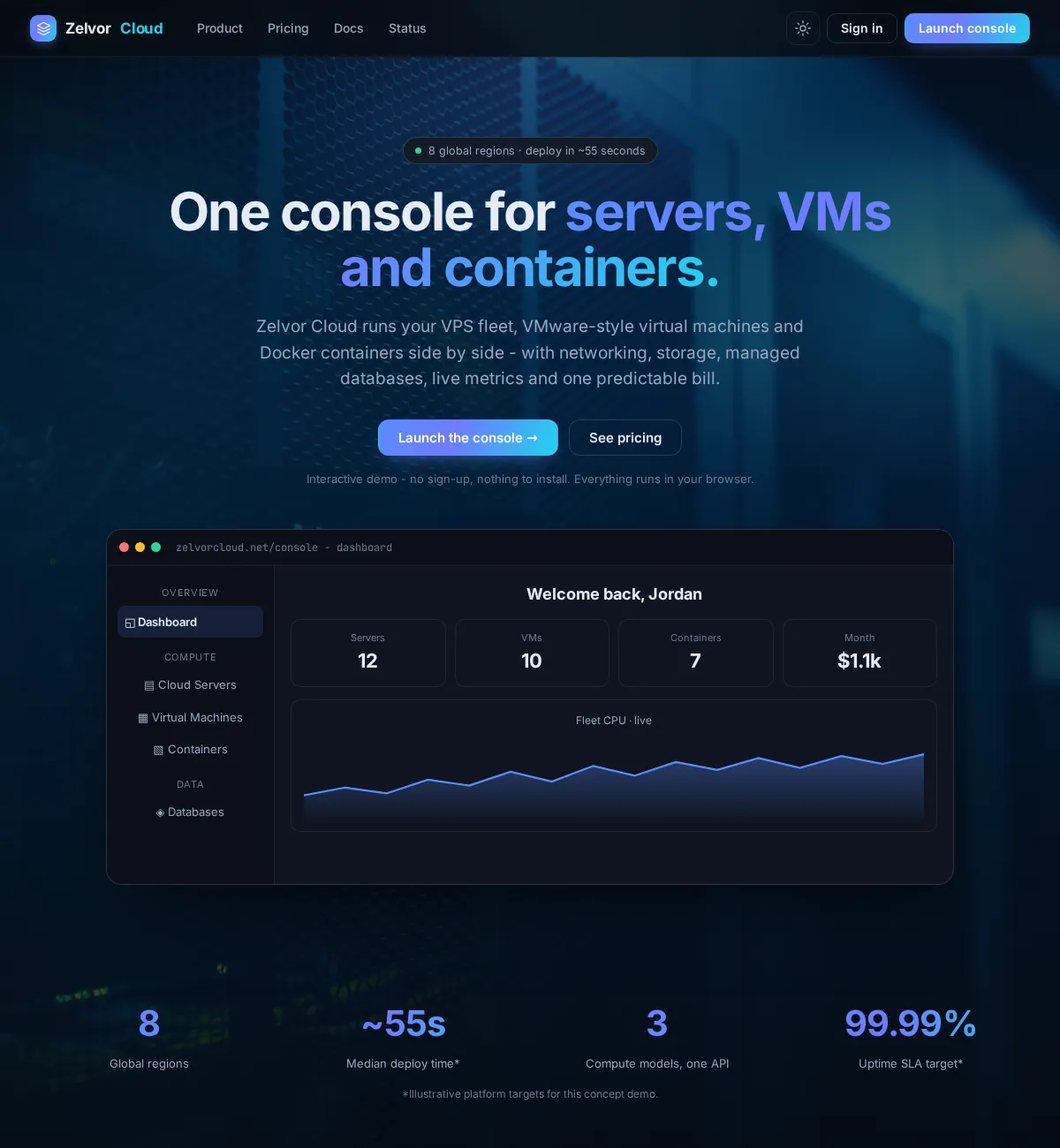SaaS product website concept build: the Zelvor Cloud homepage
