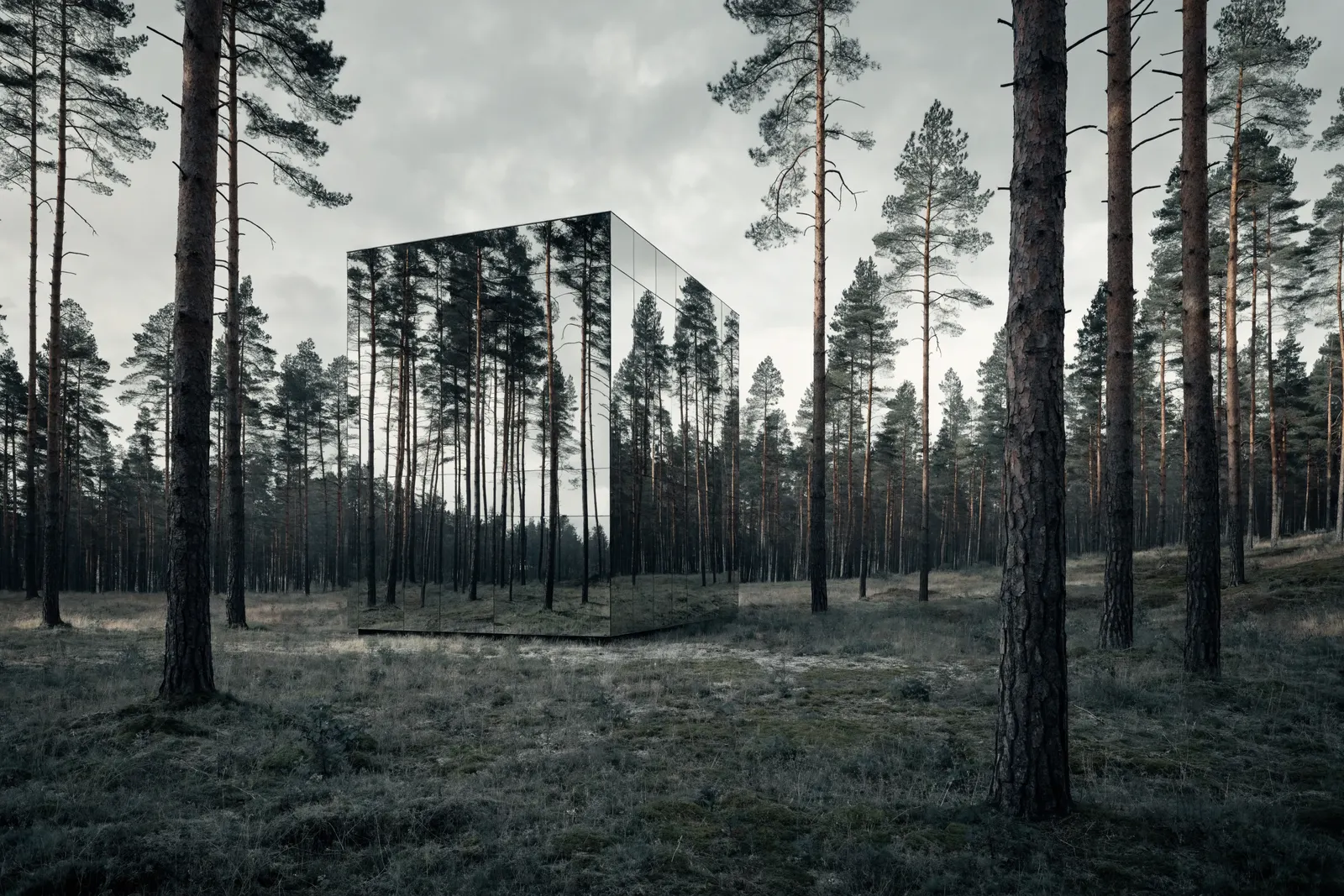 SÖLV HOUSE seen from the clearing — a tall mirror-clad monolith standing among pine trunks, its surface dissolving into the reflected forest.
