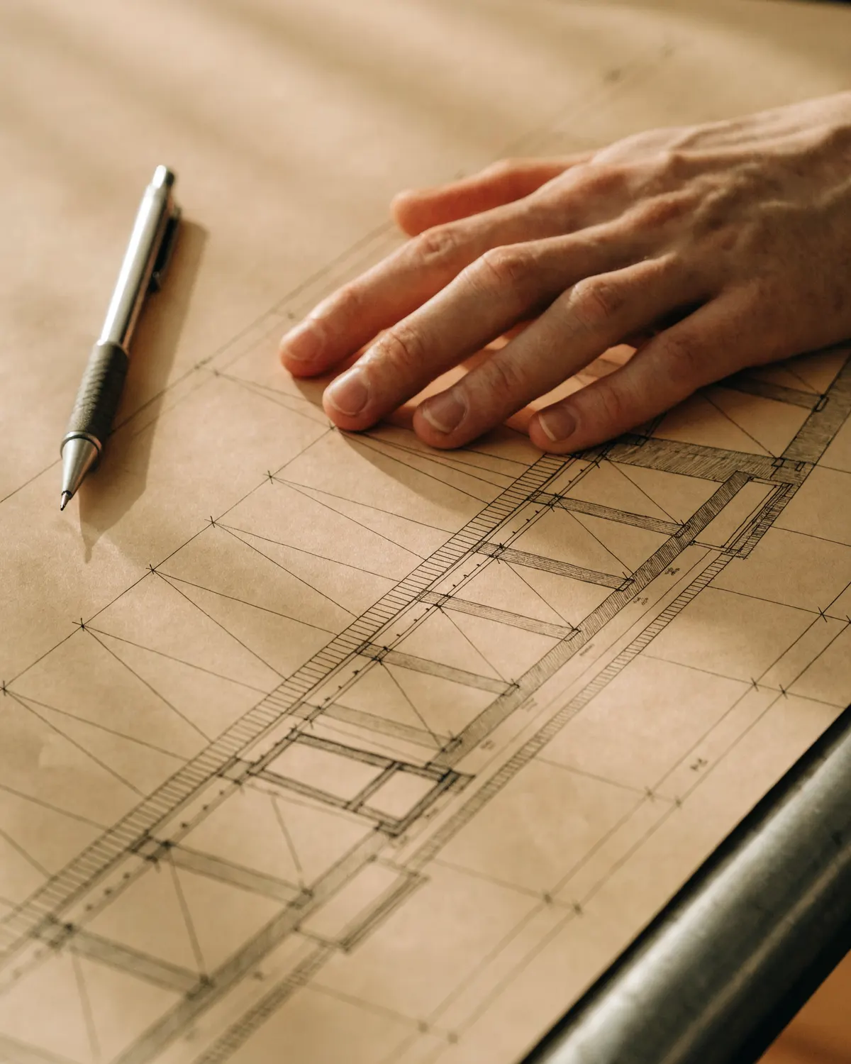 A hand resting on a section drawing, the cobalt datum line ruled across the sheet and dimensioned in the margin.