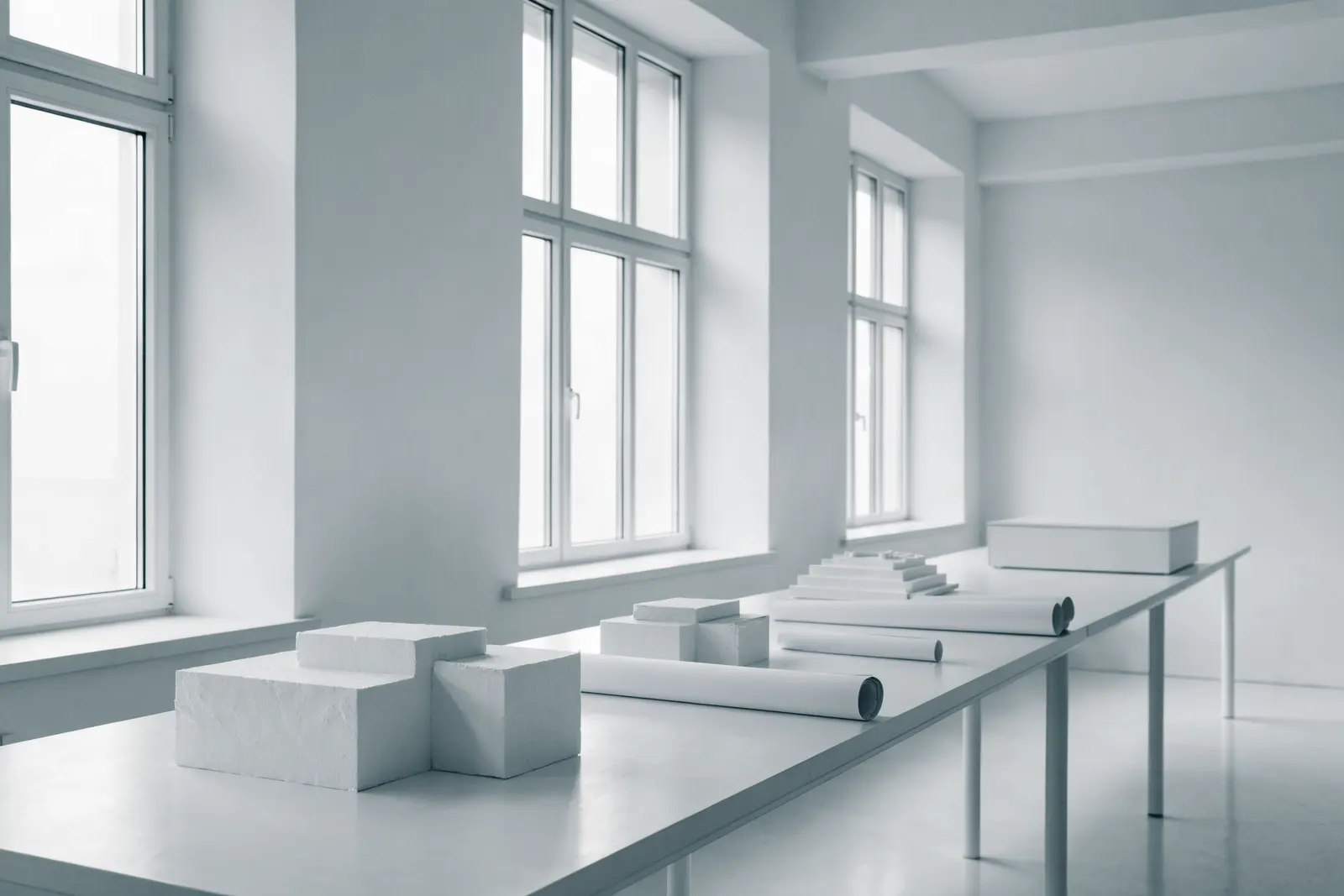 The DATUM studio — a spare white room of long tables and models, north light falling evenly across the work.