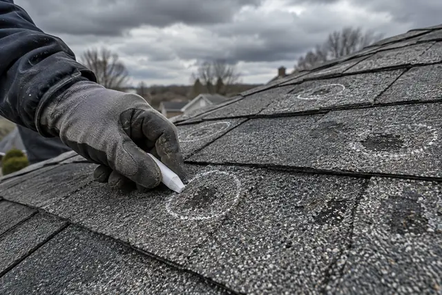 A gloved hand chalking a circle around a hail bruise on a gray shingle roof after a storm